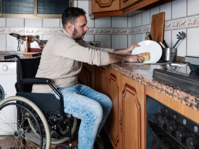 kitchen-remodeling-for-accessibility A man in a wheelchair washing up in an accessible kitchen.
