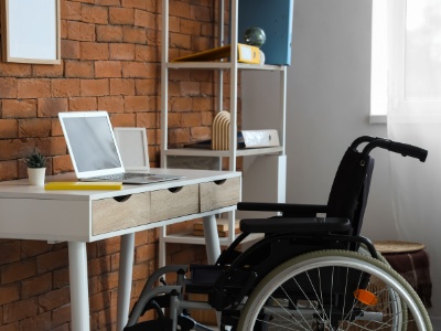 A garage converted to an accessible living space for people in wheelchairs.
